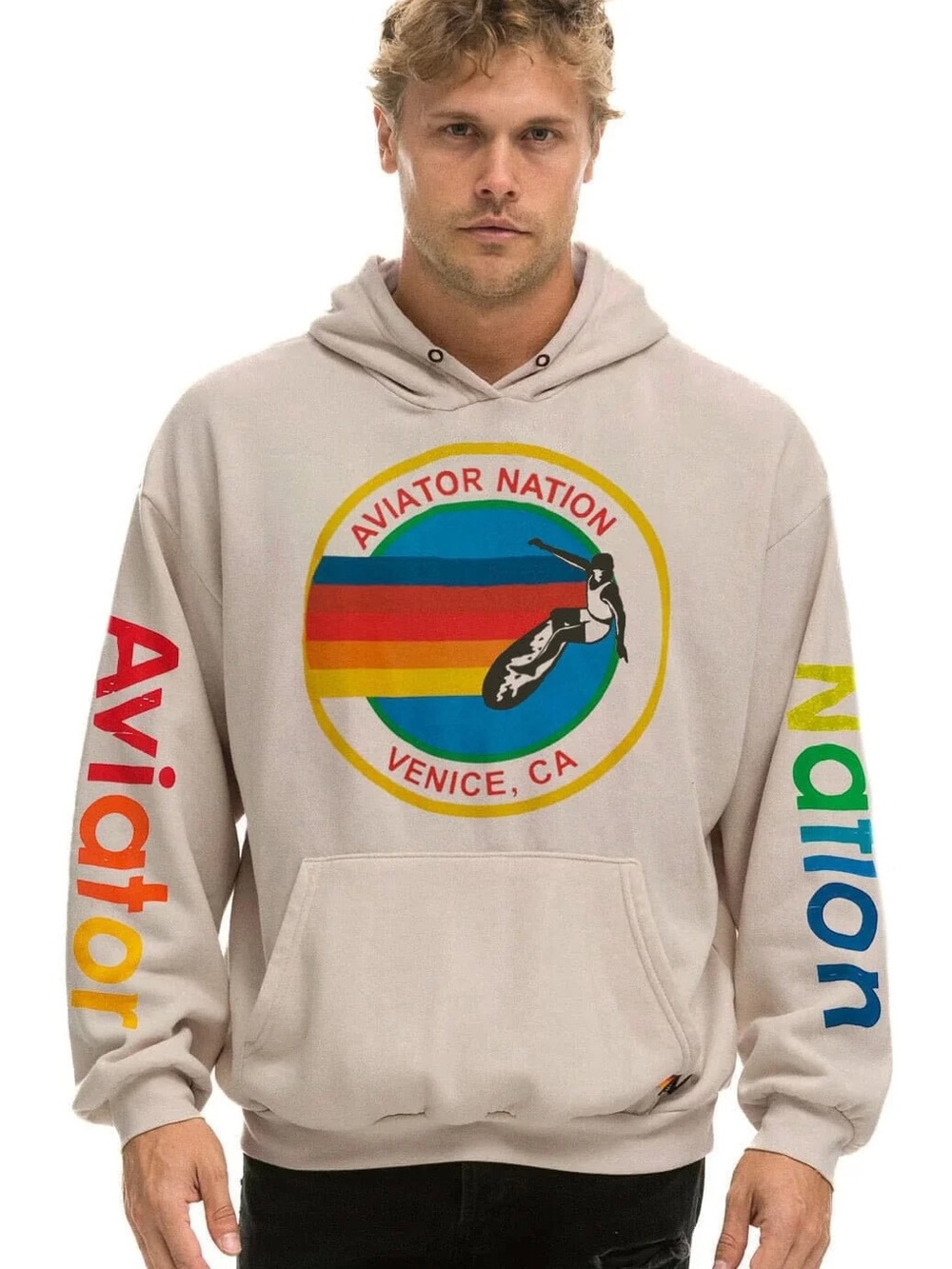 Aviator Nation Cream Crewneck with Rainbow Circle Logo